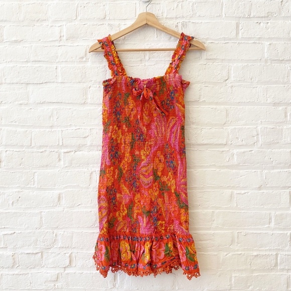 FARM Rio || Spring Bananas Smocked Mini Dress Pink Red XS - Picture 1 of 9